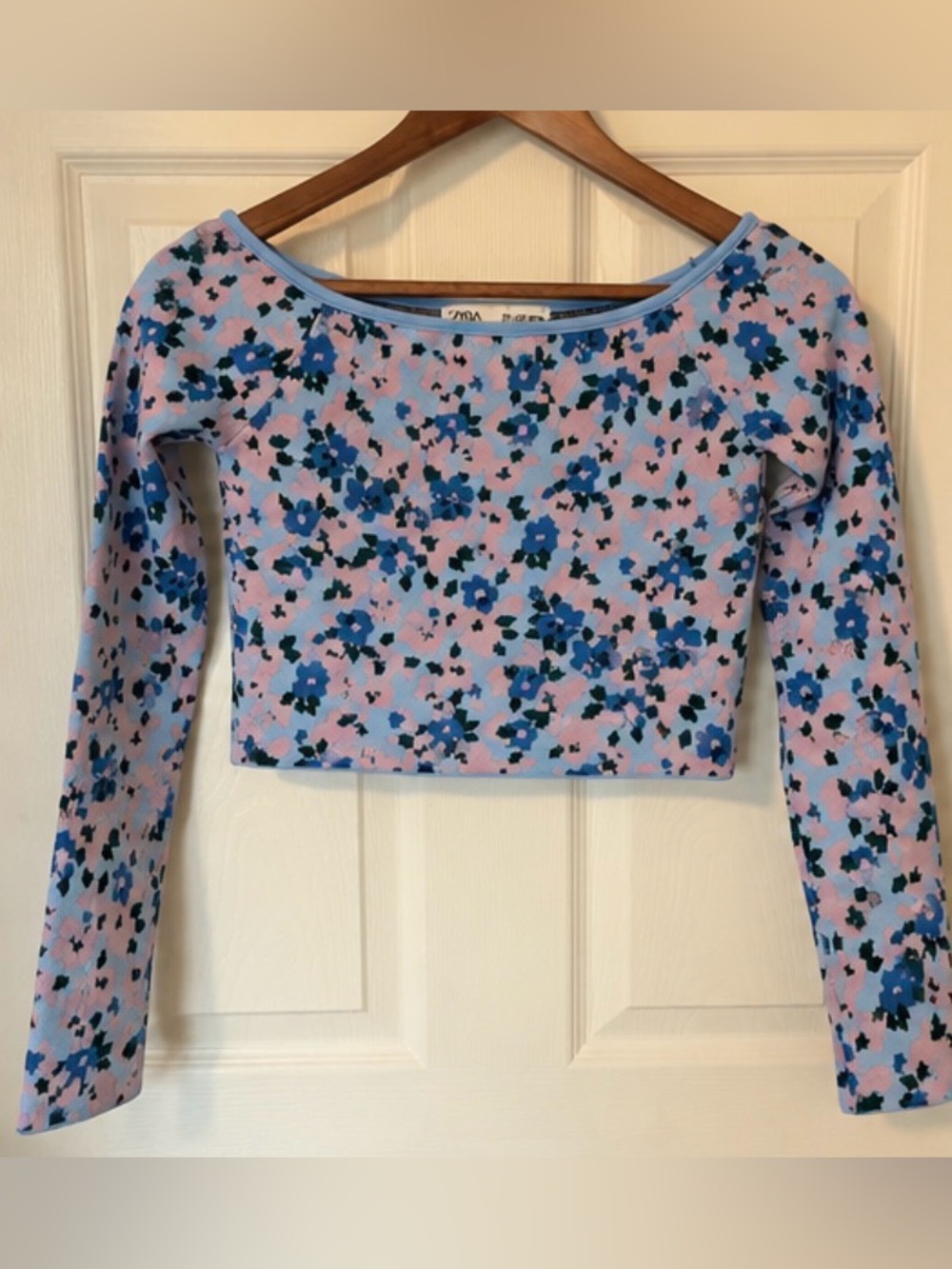 Zara Lilac Floral Long-Sleeve Scoop-Neck Crop Top